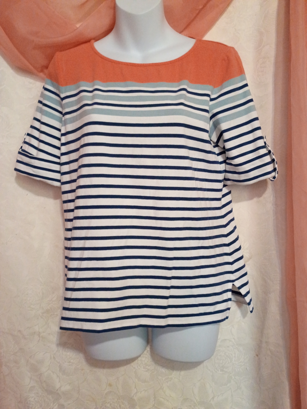 Ruby Rd. Ladies Coral Yoke Navy and White Striped Short Sleeve Top Sz PM